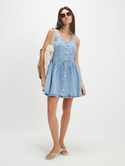 River Island Blue Sleeveless Denim Button Front Flippy Mini Dress - Image 4 of 4