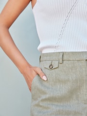 Khaki Green Textured Linen Wide Leg Trousers - Image 4 of 6