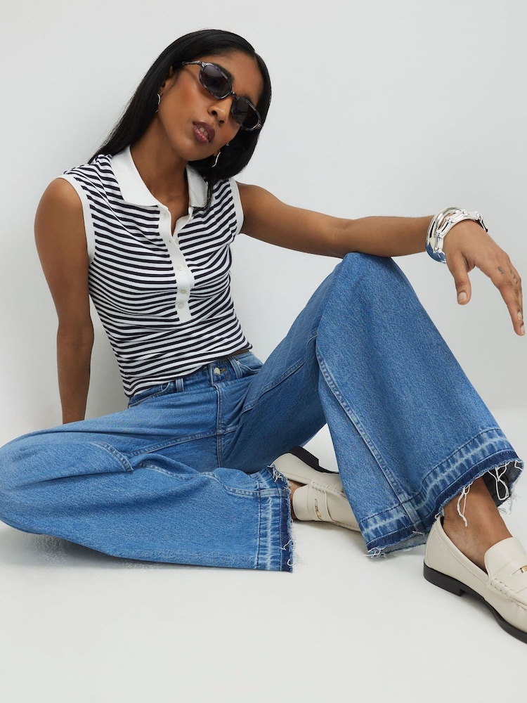 River Island Blue High Rise Turn Down Hem Wide Leg Jeans - Image 2 of 4