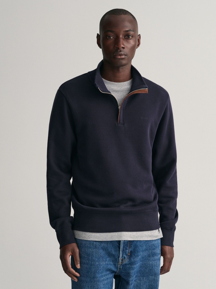 GANT Evening Blue 100% Cotton Sacker Rib Quarter Zip Jumper - Image 1 of 5 GANT Evening Blue 100% Cotton Sacker Rib Quarter Zip Jumper - Image 1 of 5