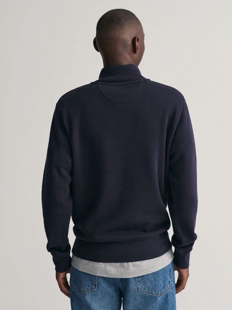 GANT Evening Blue 100% Cotton Sacker Rib Quarter Zip Jumper - Image 2 of 5 GANT Evening Blue 100% Cotton Sacker Rib Quarter Zip Jumper - Image 2 of 5
