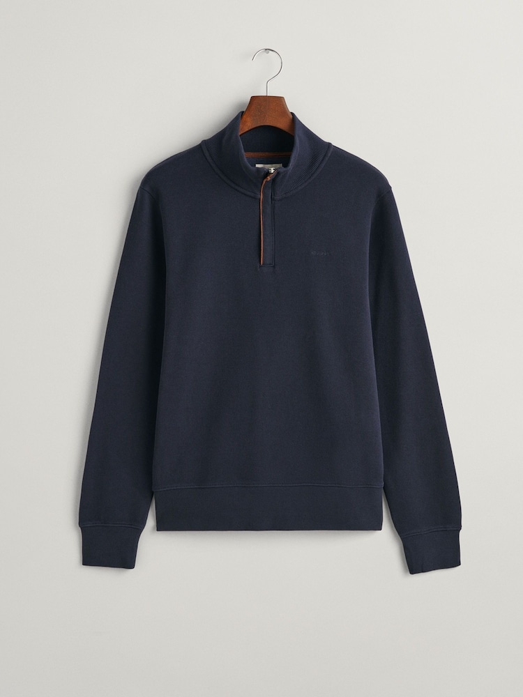 GANT Evening Blue 100% Cotton Sacker Rib Quarter Zip Jumper - Image 5 of 5