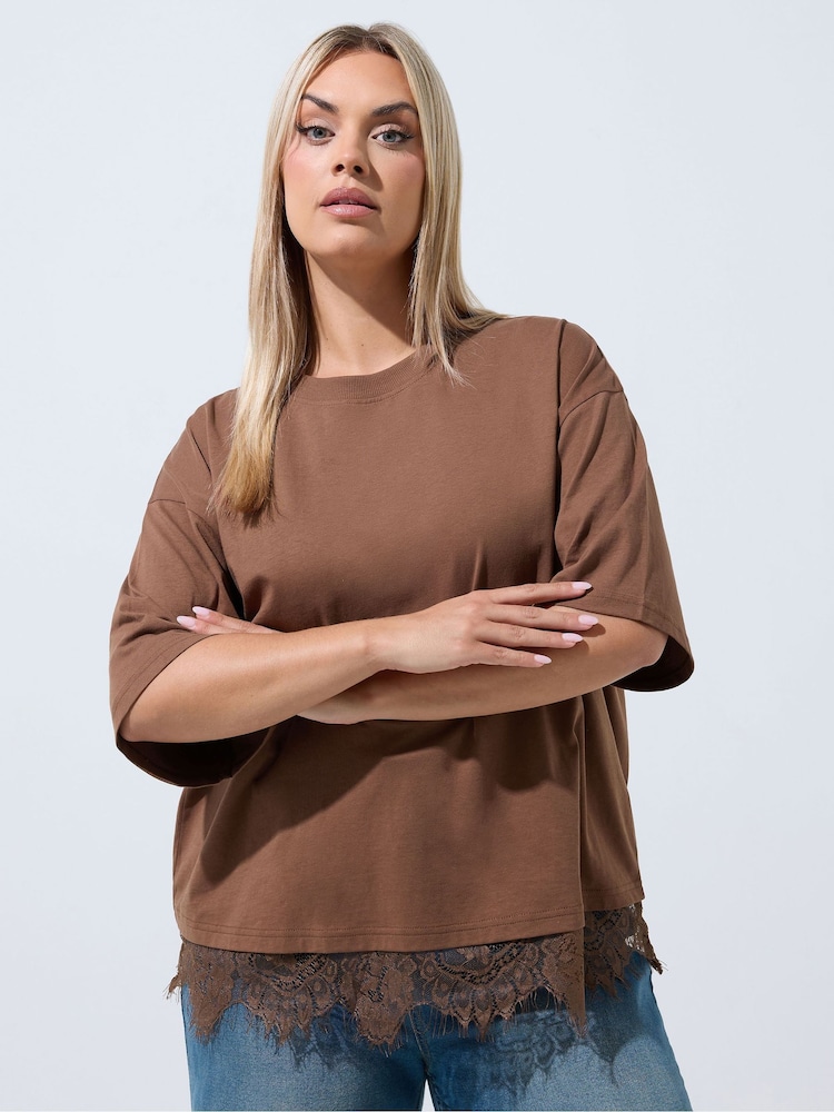 Yours Curve Brown Limited Lace Hem T-Shirt - Image 1 of 7