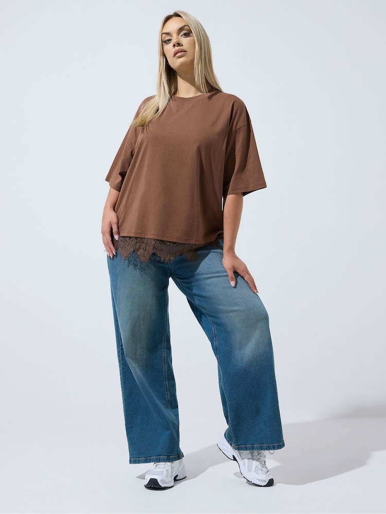 Yours Curve Brown Limited Lace Hem T-Shirt - Image 2 of 7