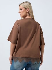 Yours Curve Brown Limited Lace Hem T-Shirt - Image 4 of 7