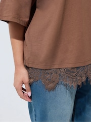 Yours Curve Brown Limited Lace Hem T-Shirt - Image 5 of 7