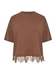 Yours Curve Brown Limited Lace Hem T-Shirt - Image 6 of 7