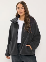 Yours Curve Grey Funnel Neck Borg Jacket - Image 1 of 6