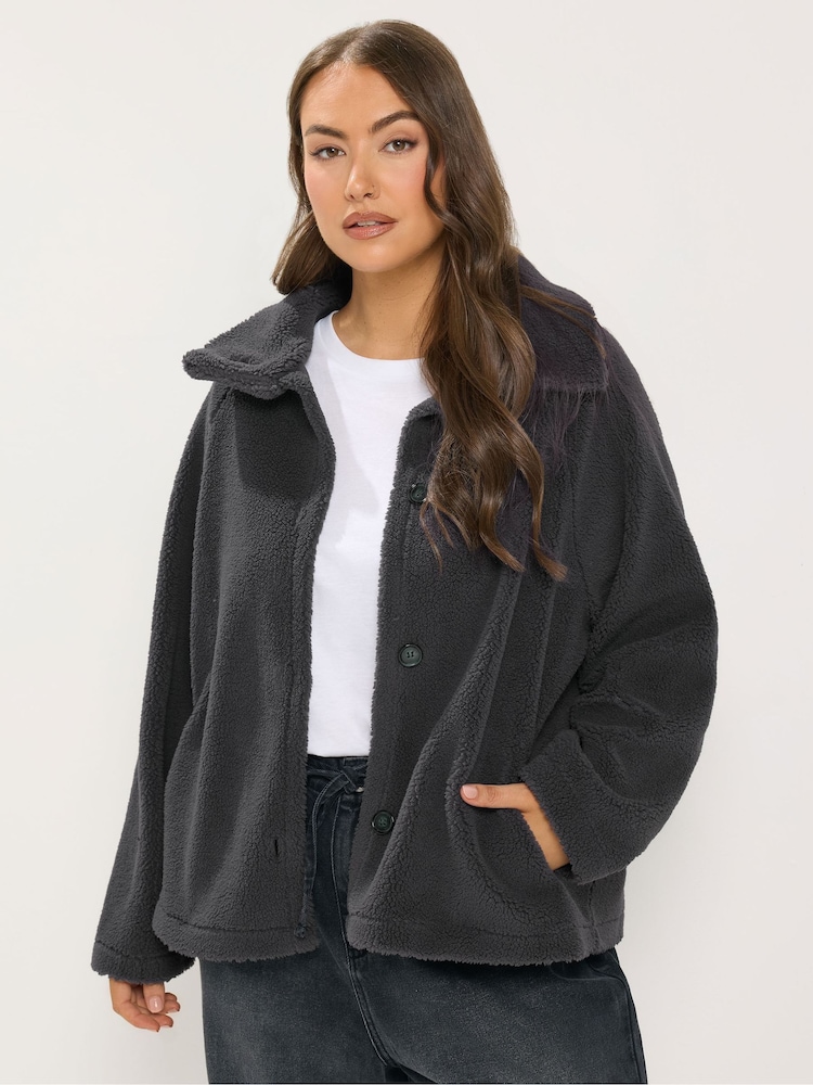 Yours Curve Grey Funnel Neck Borg Jacket - Image 1 of 6