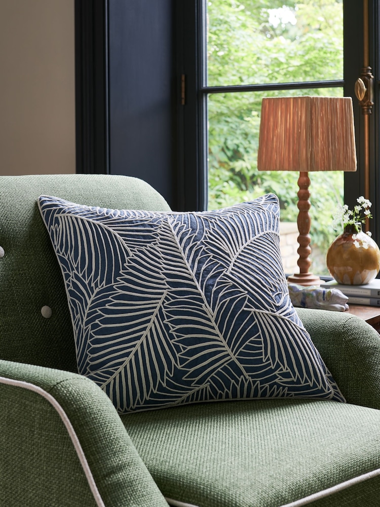 Nina Campbell Navy Blue Tree Fern Corded Leaves Cushion - Image 1 of 4