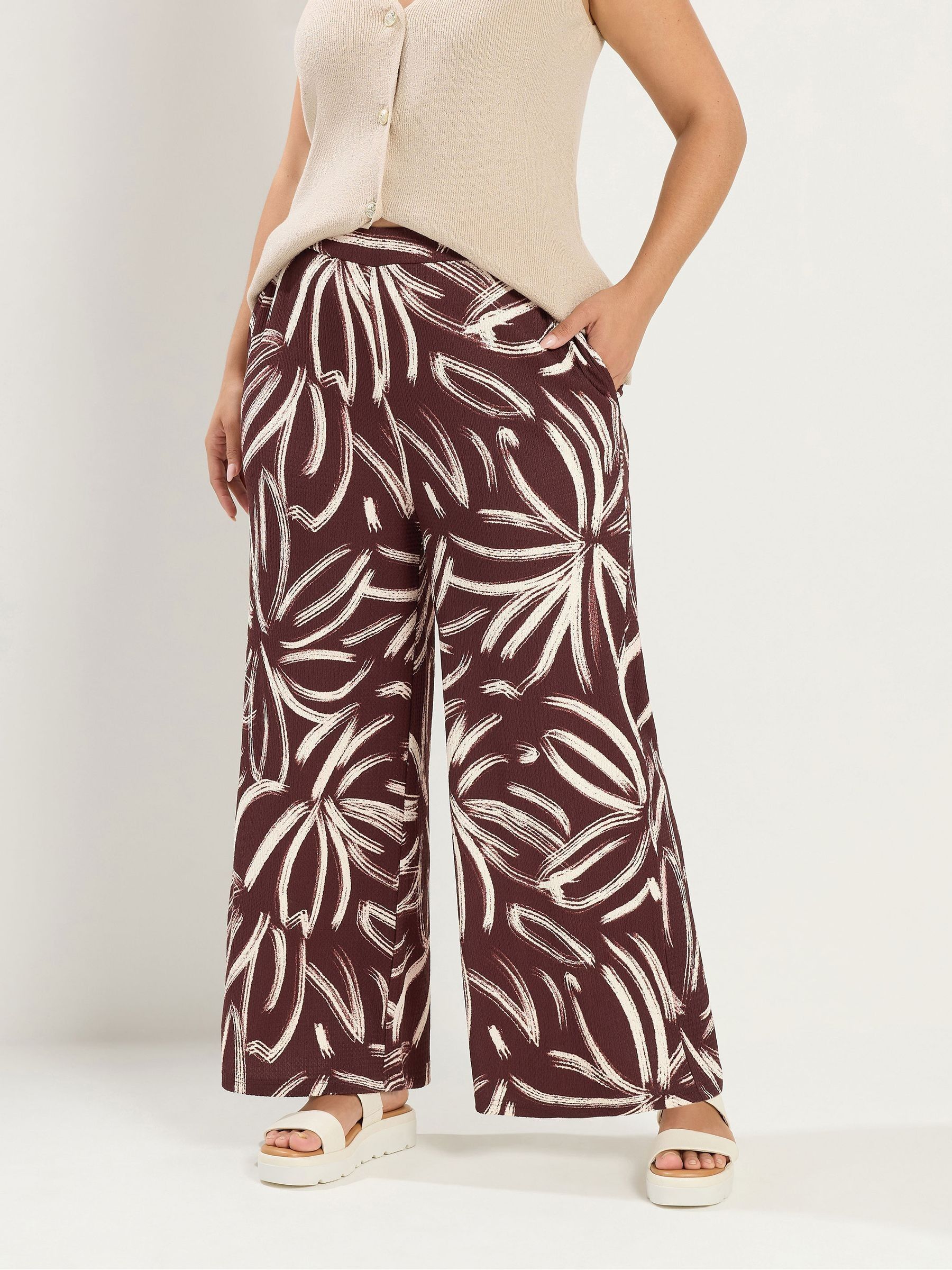 Yours Curve Women's Brown Abstract Print Wide Leg Trousers