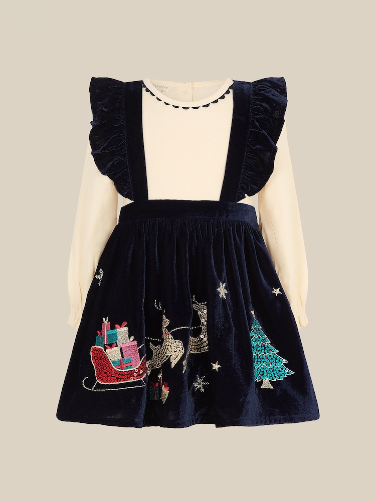 Monsoon Blue Christmas Top & Velour Pinafore Dress Set - Image 1 of 3