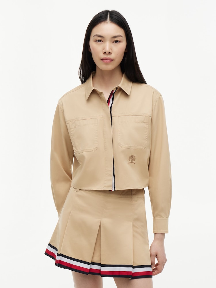 Tommy Jeans Gold Relaxed Fit Crest Embroidery Cropped Shirt - Image 1 of 5