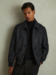 Reiss Navy Melange Packer Puppytooth Check Bomber Jacket - Image 1 of 6