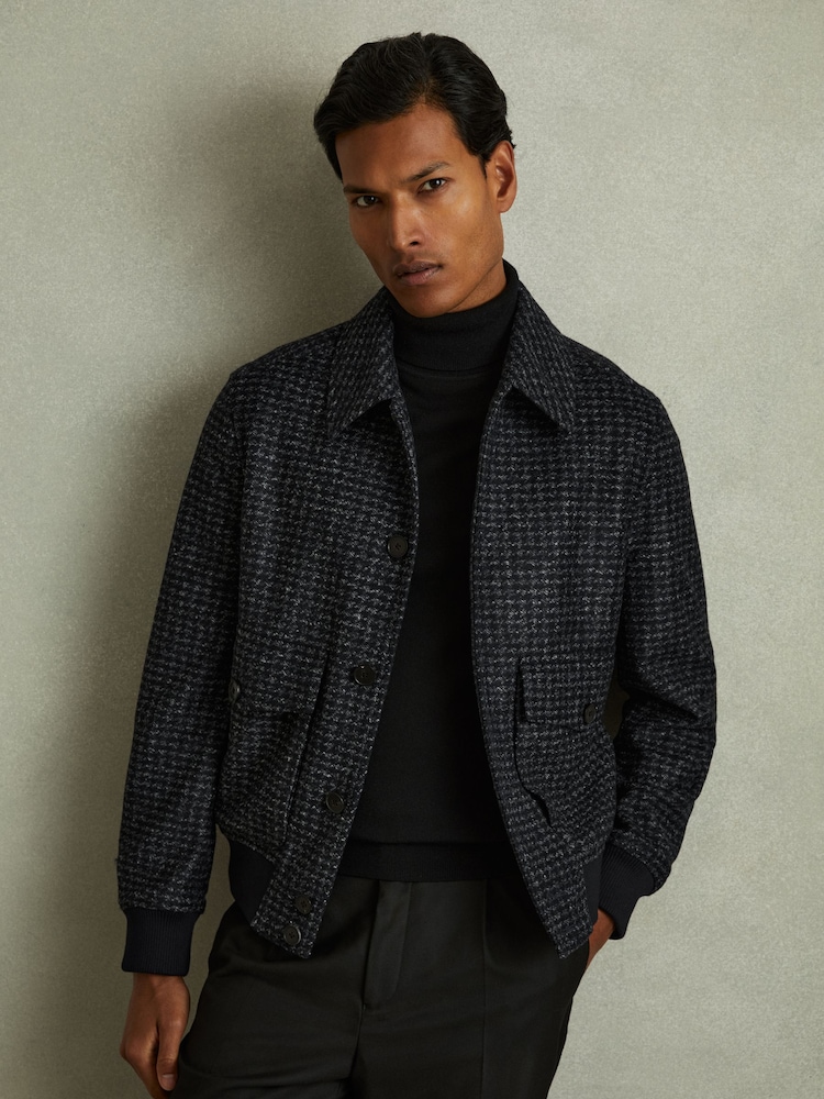 Reiss Navy Melange Packer Puppytooth Check Bomber Jacket - Image 1 of 6