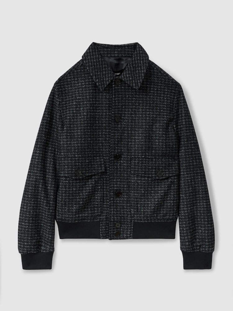 Reiss Navy Melange Packer Puppytooth Check Bomber Jacket - Image 2 of 6
