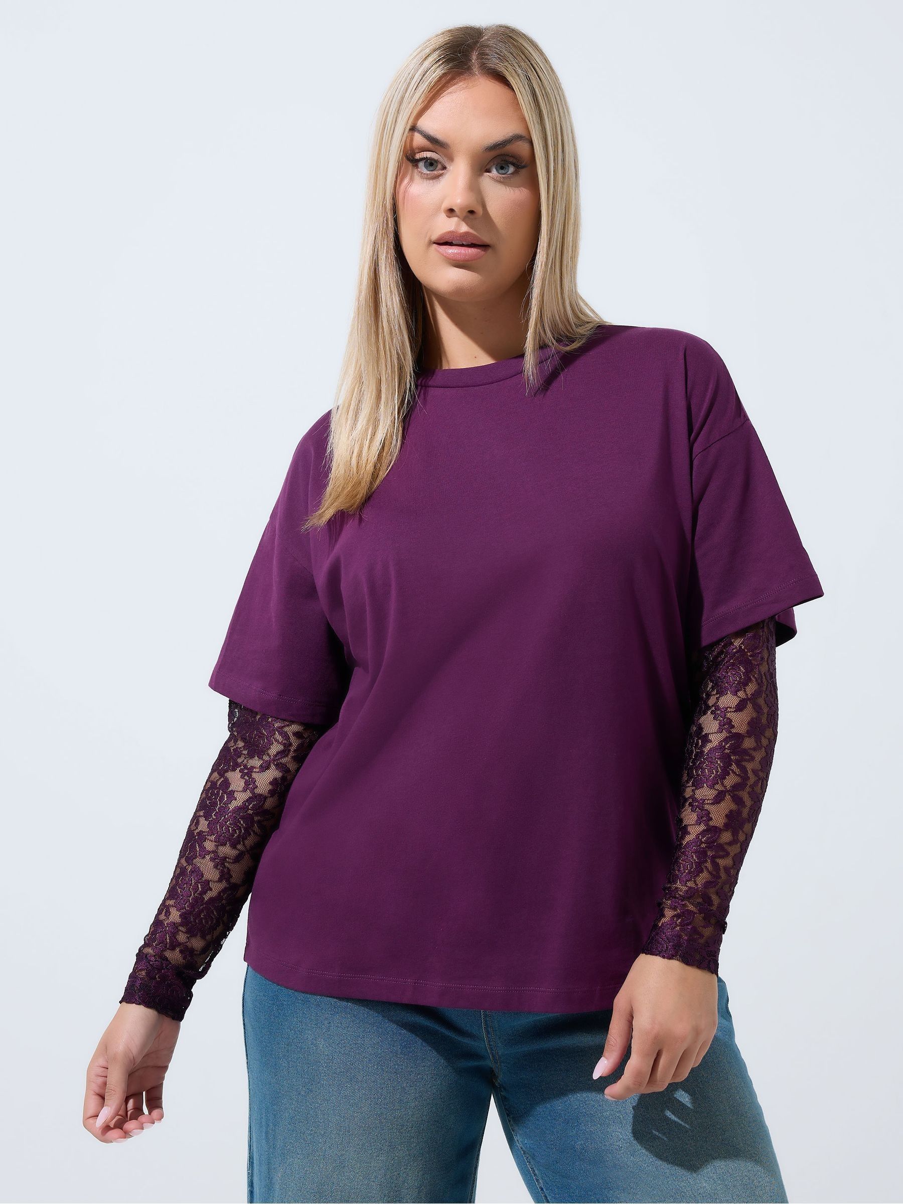 Yours Women's Purple Lace Long Sleeve Top In | : 26/28 - Image 6