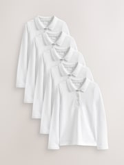 White Slim Fit 5 Pack 100% Cotton Long Sleeve School Polo Shirts (3-16yrs) - Image 1 of 3
