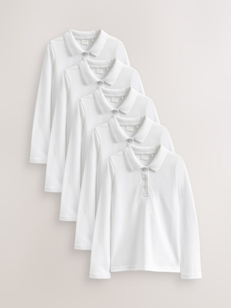 White Slim Fit 5 Pack 100% Cotton Long Sleeve School Polo Shirts (3-16yrs) - Image 1 of 3