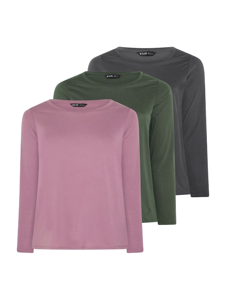 Yours Curve Green Long Sleeve Core T-Shirts 3 Pack - Image 1 of 9 Yours Curve Green Long Sleeve Core T-Shirts 3 Pack - Image 1 of 9