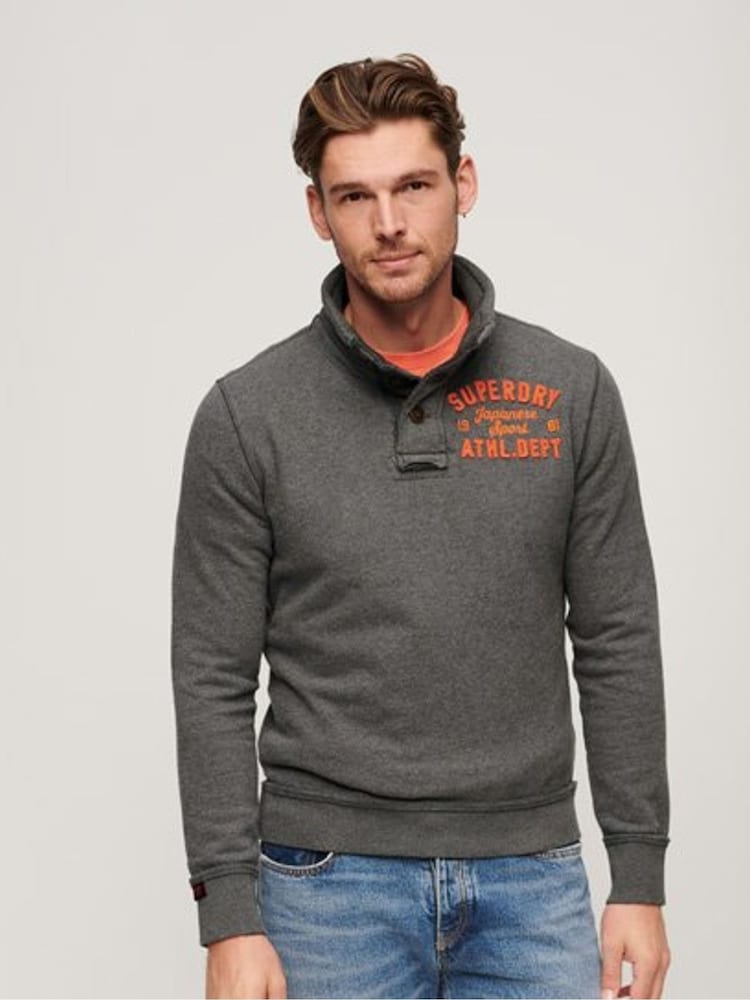 Superdry Dark Grey Vintage Athletic Henley 100% Cotton Jumper - Image 1 of 3