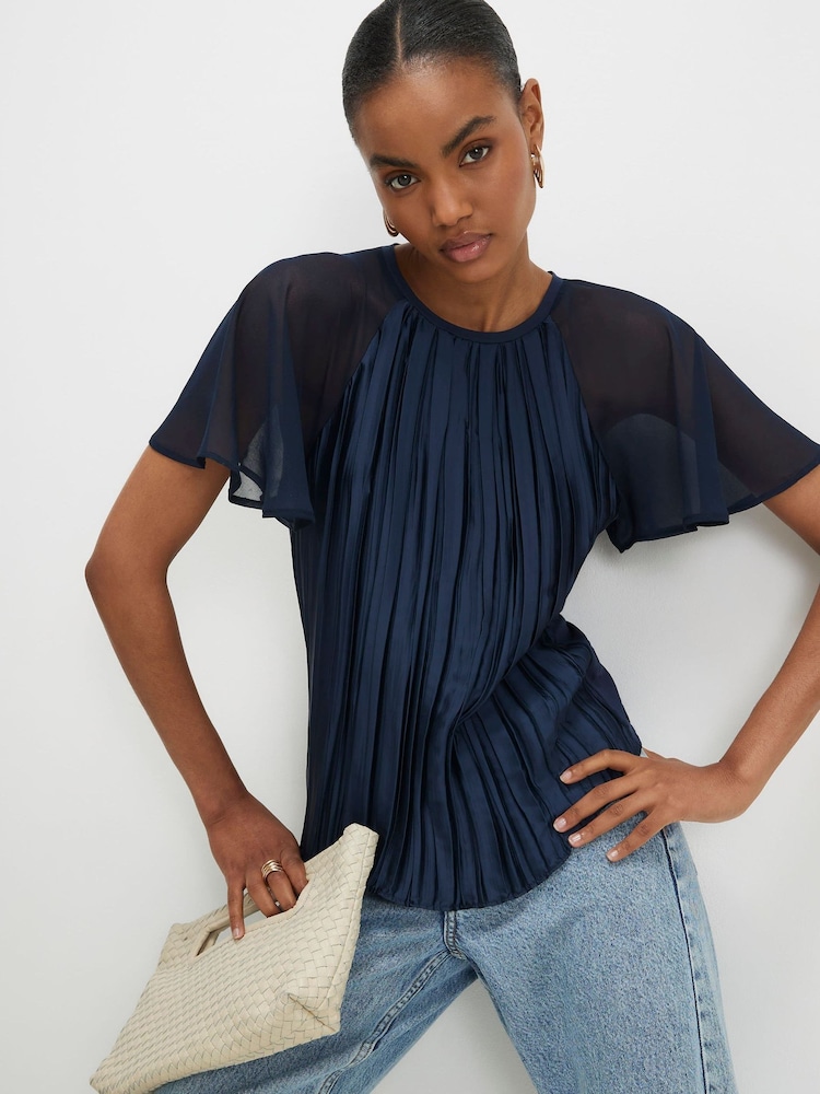 River Island Blue Short Sleeve Pleated Hybrid T-Shirt - Image 2 of 4