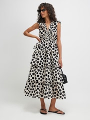River Island Cream Polka Dot Ruffle Midi Dress - Image 1 of 4