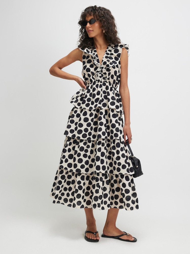 River Island Cream Polka Dot Ruffle Midi Dress - Image 1 of 4 River Island Cream Polka Dot Ruffle Midi Dress - Image 1 of 4