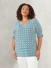 Live Unlimited Curve Blue Tile Print Shirred Cuff Blouse - Image 1 of 1