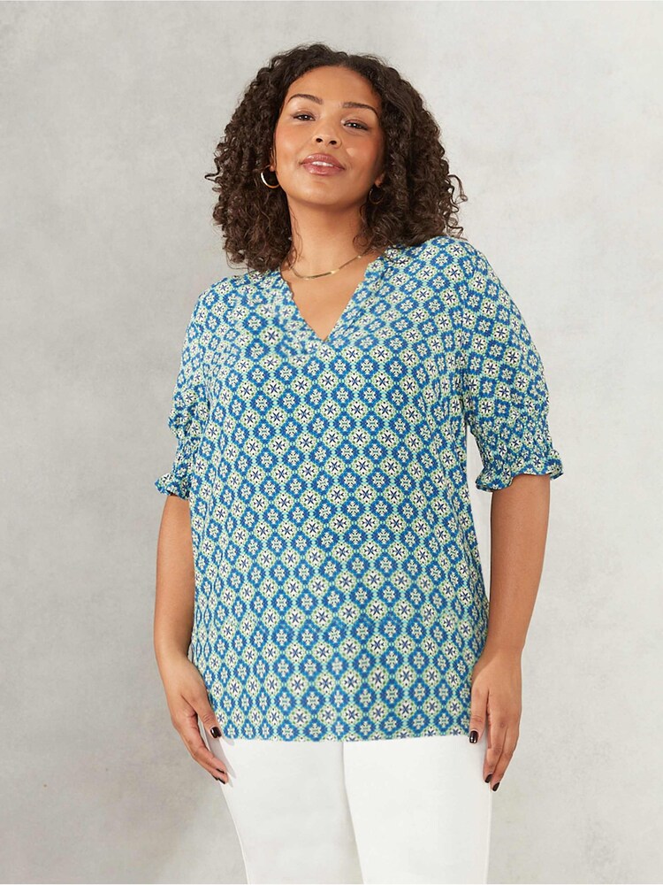 Live Unlimited Curve Blue Tile Print Shirred Cuff Blouse - Image 1 of 1