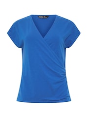 M&Co Blue Cotton Rich Short Sleeve Wrap Top - Image 5 of 6