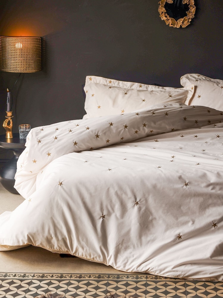 Rockett St George White Falling Star Embroidered 200 Thread Count Duvet Cover and Pillowcase Set - Image 1 of 6