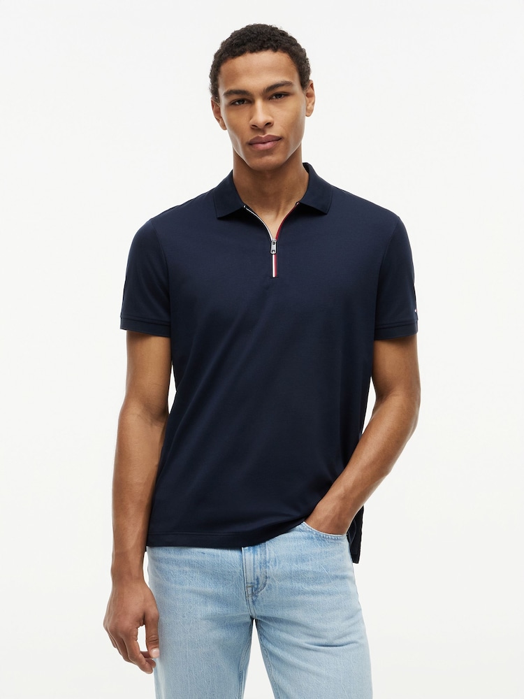 Tommy Hilfiger Navy Blue Regular Fit Fluid Cotton Polo Shirt - Image 1 of 5 Tommy Hilfiger Navy Blue Regular Fit Fluid Cotton Polo Shirt - Image 1 of 5