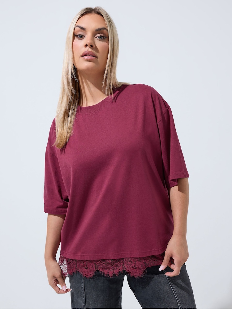 Yours Curve Red Limited Lace Hem T-Shirt - Image 1 of 7