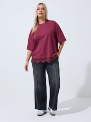 Yours Curve Red Limited Lace Hem T-Shirt - Image 2 of 7