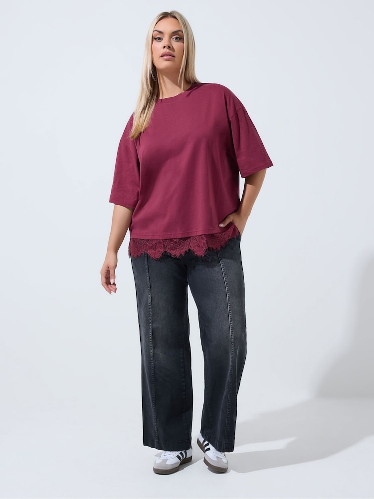 Yours Curve Red Limited Lace Hem T-Shirt - Image 2 of 7