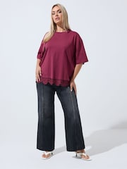 Yours Curve Red Limited Lace Hem T-Shirt - Image 3 of 7