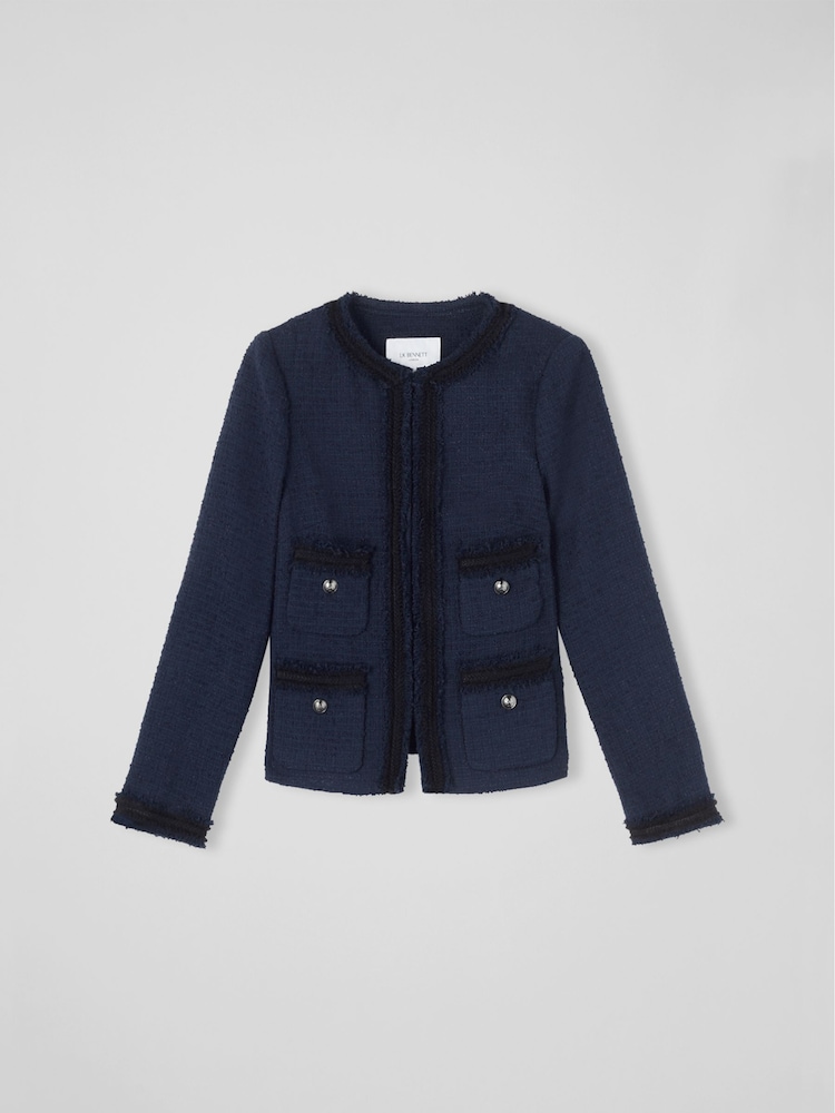 LK Bennett Blue Charlee Cotton Blend Tweed Jacket - Image 4 of 4