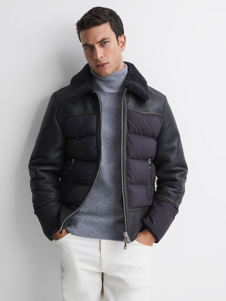 Reiss Grey Bodmin Leather Quilted Shearling Coat - Image 1 of 5