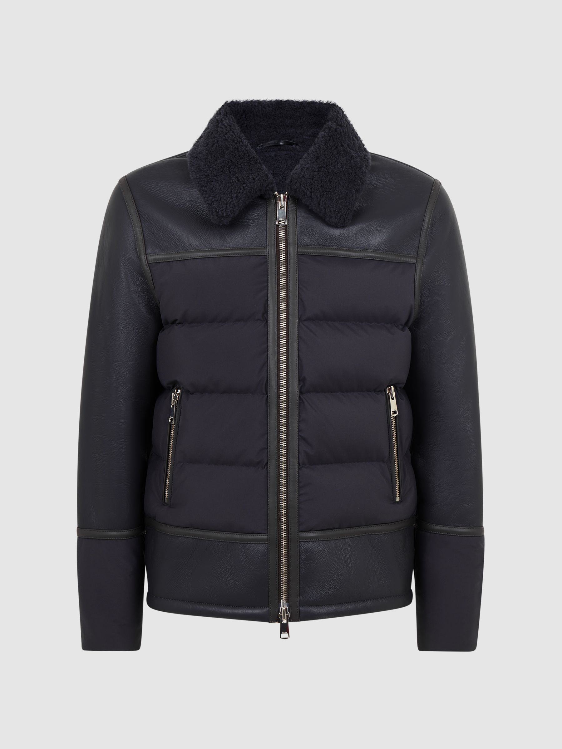 Buy Reiss Grey Bodmin Leather Quilted Shearling Coat from