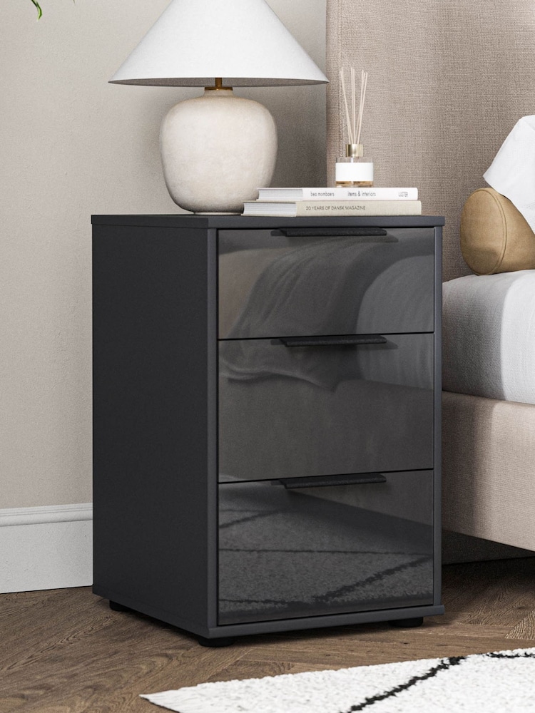 Wiemann Graphite Daytona Glass 3 Drawer Bedside Table - Image 1 of 3 Wiemann Graphite Daytona Glass 3 Drawer Bedside Table - Image 1 of 3