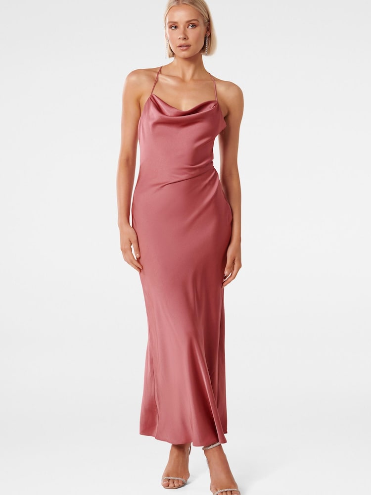 Forever New Pink Ruby Tie Back Satin Midi Dress - Image 1 of 4