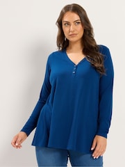 Yours Curve Blue Henley Ribbed Swing Top - Image 1 of 6