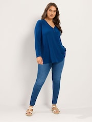 Yours Curve Blue Henley Ribbed Swing Top - Image 2 of 6