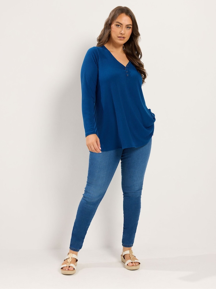 Yours Curve Blue Henley Ribbed Swing Top - Image 2 of 6