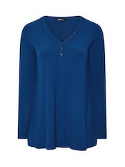 Yours Curve Blue Henley Ribbed Swing Top - Image 5 of 6