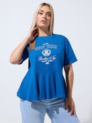 Yours Curve Blue Limited Sporty New York Peplum Top - Image 1 of 6
