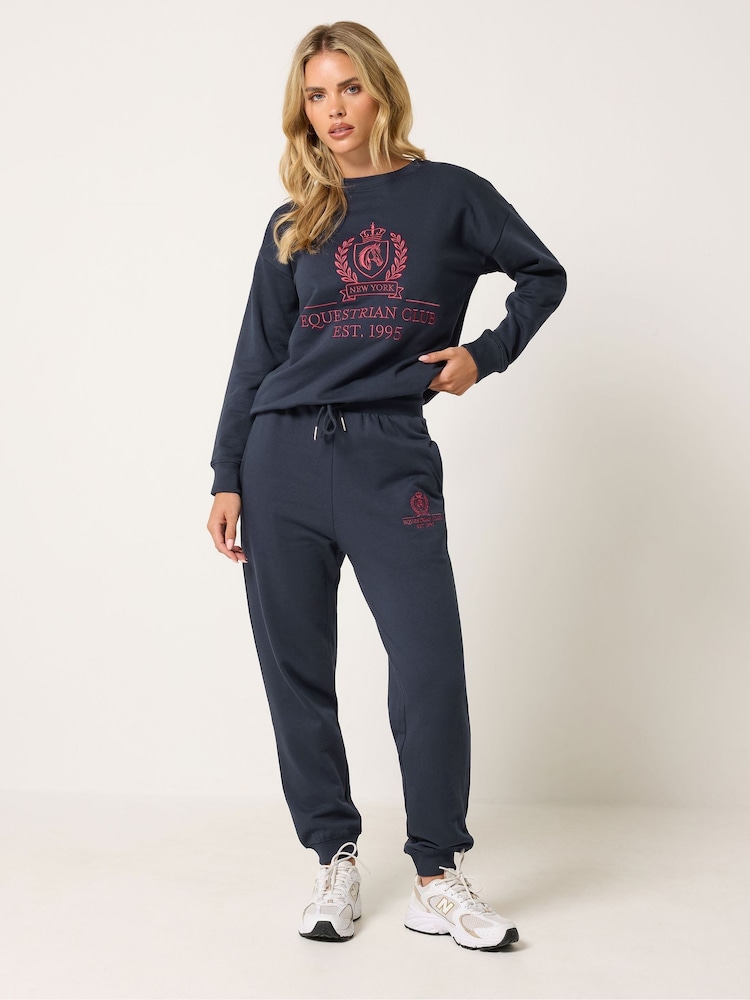 PixieGirl Petite Blue Equestrian Embroidered Joggers - Image 1 of 6 PixieGirl Petite Blue Equestrian Embroidered Joggers - Image 1 of 6