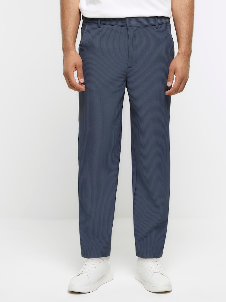 River Island Blue Plisse Tapered 100% Cotton Trousers - Image 1 of 6