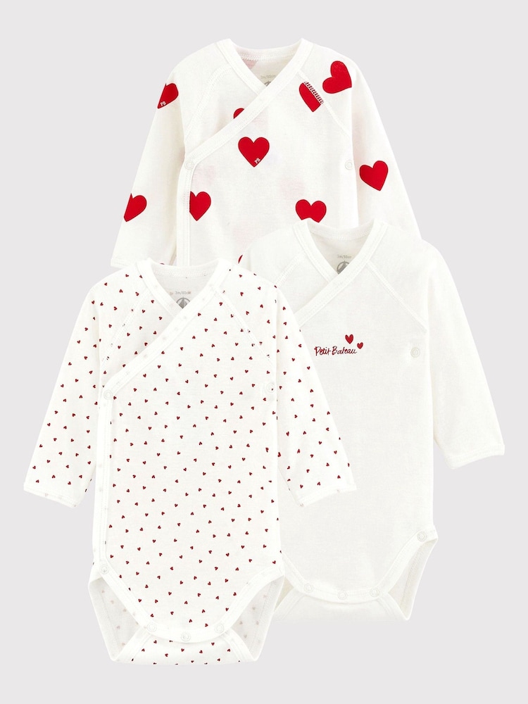 Petit Bateau White Hearts Long Sleeve Bodysuits 3 Pack - Image 2 of 2